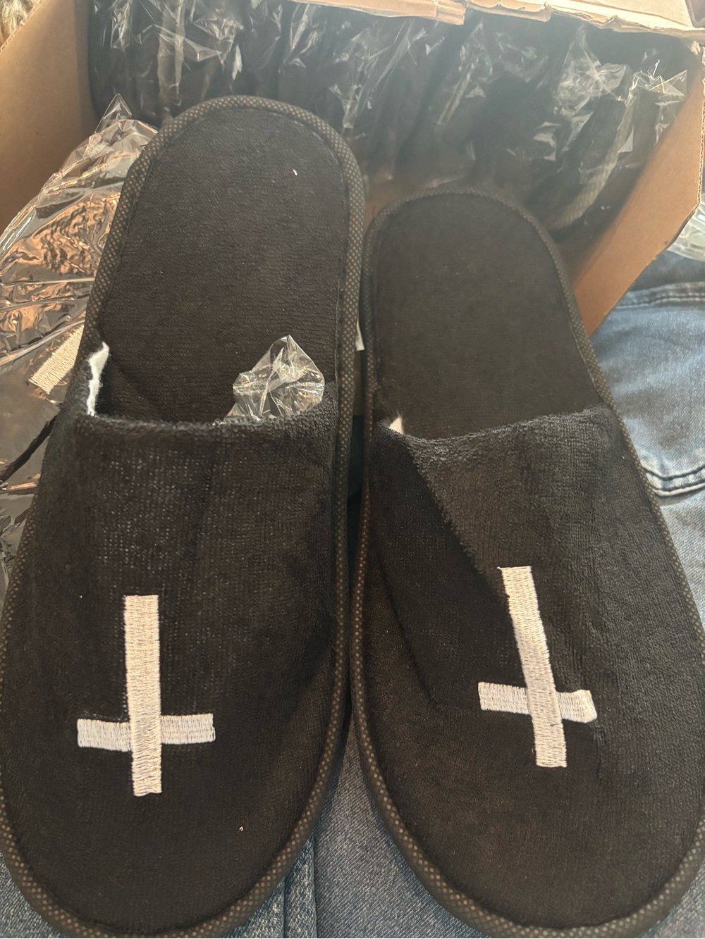 12 pair of Black Slide Slippers with White Cross Embroideries